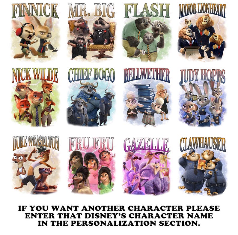 Puede incluir: Una colecci&oacute;n de im&aacute;genes de personajes de dibujos animados de la pel&iacute;cula Zootr&oacute;polis, incluyendo Finnick, Mr. Big, Flash, Mayor Lionheart, Nick Wilde, Chief Bogo, Bellwether, Judy Hopps, Duke Weaselton, Fru Fru, Gazelle y Clawhauser. Texto abajo.