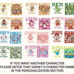 May include: A collection of colorful Toy Story character designs on white backgrounds. Each design features a character's name, the words "Toy Story," and the year "1995." The bottom of the image includes text about personalization.