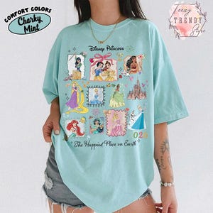 May include: A light blue t-shirt featuring Disney Princesses in framed illustrations. The shirt includes the text "Disney Princess" and "The Happiest Place on Earth". The shirt is from the "Comfort Colors" brand.