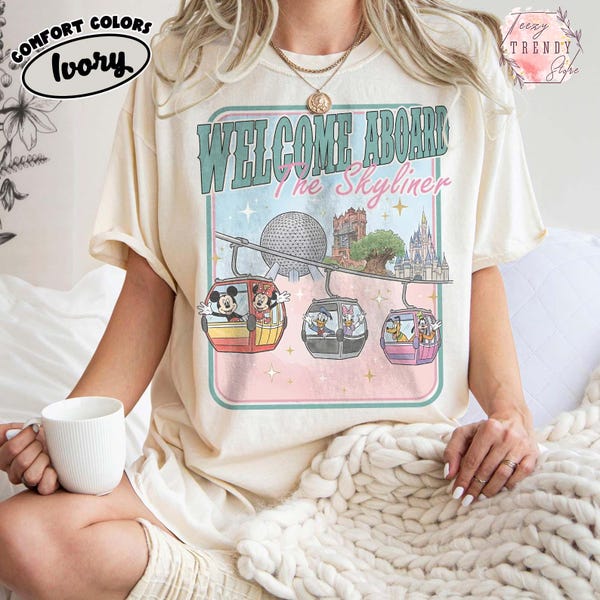 Disney Skyliner See The World From Above Resort Shirt, Disney Epcot Mickey And Friends Welcome Aboard The Skyliner Tee, Hollywood Studios