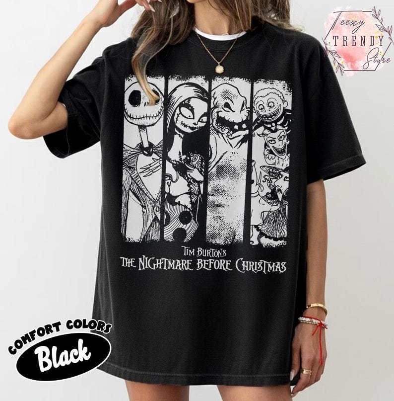 May include: A black short-sleeved t-shirt featuring a white graphic print of characters from Tim Burton's The Nightmare Before Christmas. The design consists of four vertical panels displaying Jack Skellington, Sally, Oogie Boogie, and Lock, Shock, and Barrel.