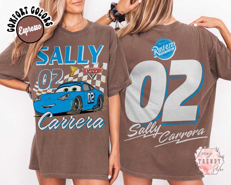 May include: Brown t-shirt featuring a blue cartoon car with the text "SALLY 02 Carrera" in blue and white. The back of the shirt displays a large "02" and "Sally Carrera" with a "Rusteze" logo.