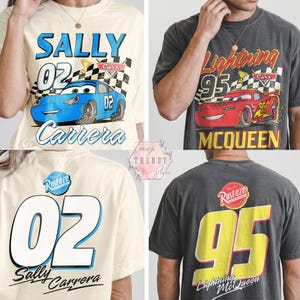May include: Four t-shirts with car-themed graphics. Two shirts feature a blue car with "Sally Carrera" and "02" on the front. The other two shirts display a red car with "Lightning McQueen" and "95". The shirts are in cream and gray.