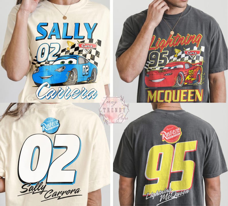 May include: Four t-shirts with car-themed graphics. Two shirts feature a blue car with "Sally Carrera" and "02" on the front. The other two shirts display a red car with "Lightning McQueen" and "95". The shirts are in cream and gray.