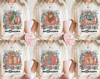 Camiseta personalizada com letras do Disney World, camiseta personalizada com personagens do parque, camiseta para viagem em família na Disney, camiseta para férias no Magic Kingdom, camiseta do Castelo do Epcot