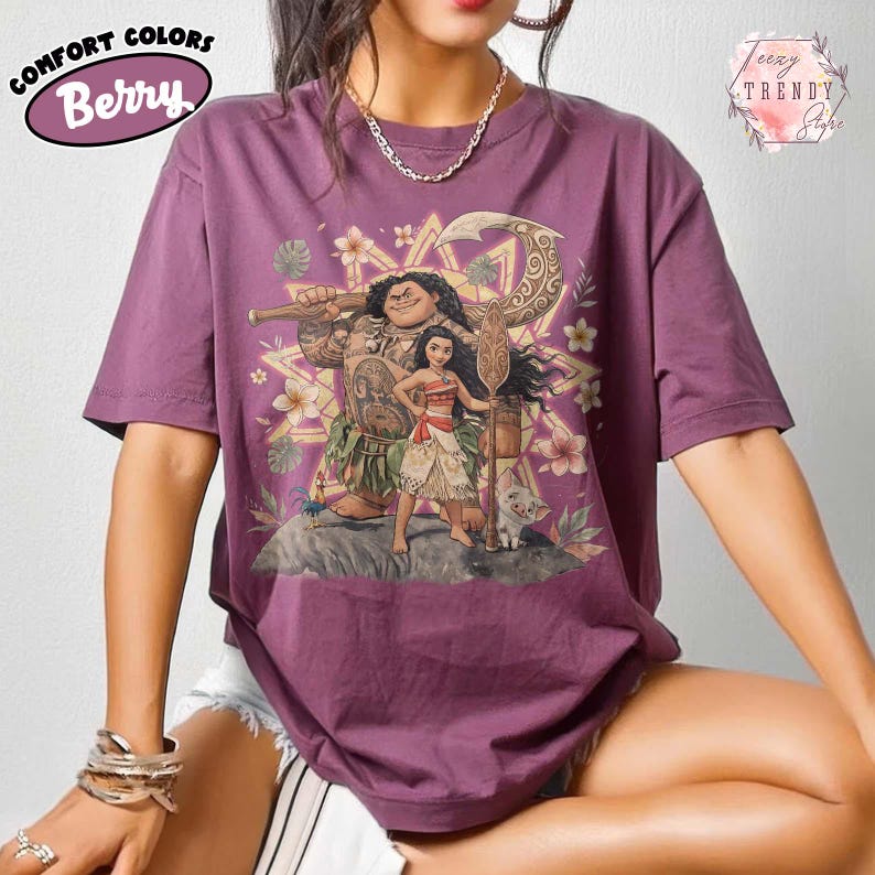 Maglietta Moana e Maui in stile retrò Comfort Colors, maglietta Disney Moana Princess Pua Hei Hei, maglietta per famiglie Disneyland, maglietta Disney per bambina, regalo da principessa Bery
