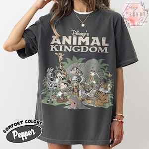 May include: Dark grey t-shirt with the text "Disney's Animal Kingdom" and a graphic of Disney characters such as Mickey Mouse, Donald Duck, and Goofy, alongside a zebra, giraffe, and tiger. The shirt has a Comfort Colors Pepper label.