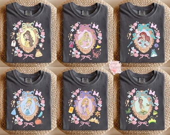 Coquette Bow Disney Princess Shirt, Vintage Princess T-Shirt, Belle Elsa Moana Tiana Rapunzel Aurora Shirt, Magical Fairytale Tee Gift