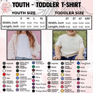May include: Youth and toddler t-shirt size chart with measurements in inches. Includes color options like black, white, red, and heather gray. The image shows a girl wearing a white t-shirt and a boy wearing a cream-colored t-shirt.