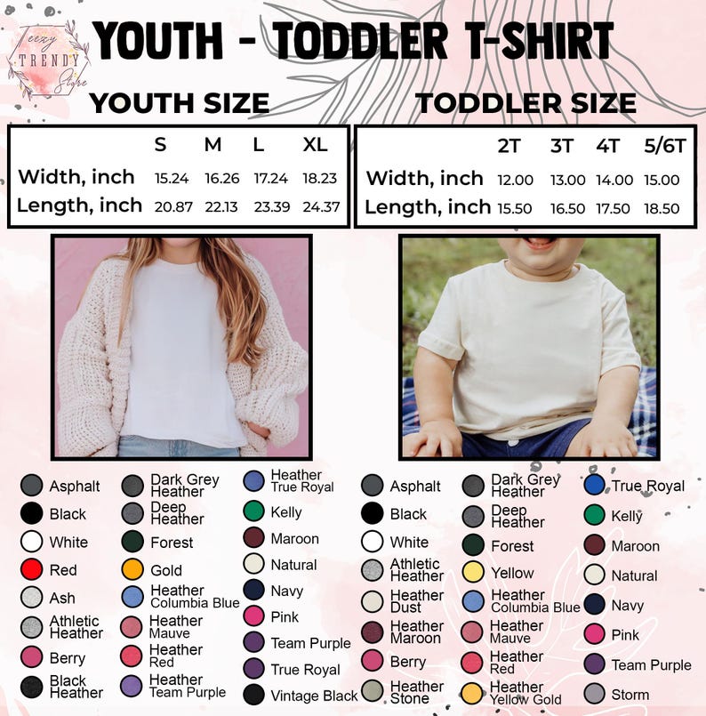 May include: Youth and toddler t-shirt size chart with measurements in inches. Includes color options like black, white, red, and heather gray. The image shows a girl wearing a white t-shirt and a boy wearing a cream-colored t-shirt.