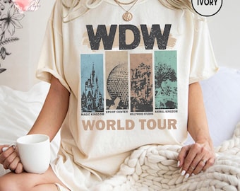 Chemise WDW World Tour, chemise icônes des parcs Disney, t-shirt Magic Kingdom Epcot Studios Animal Kingdom, t-shirt de vacances rétro Disney pour voyage en famille