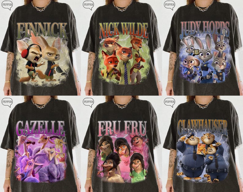 Puede incluir: Seis camisetas de color gris oscuro con personajes de la pel&iacute;cula animada Zootr&oacute;polis. Cada camiseta tiene un personaje o grupo de personajes diferente con sus nombres impresos encima. Las camisetas tienen un aspecto vintage y desgastado.