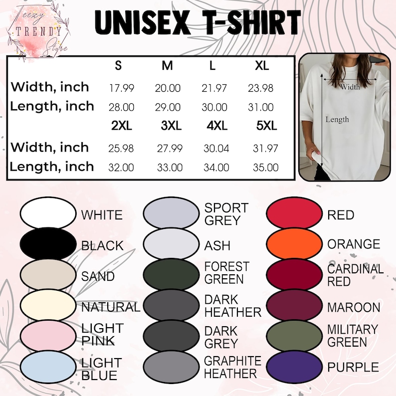 Puede incluir: Una camiseta unisex blanca con opciones de talla y color. La imagen muestra una tabla de tallas con medidas en pulgadas, que van desde la S hasta la 5XL. Las opciones de color incluyen blanco, negro y varias tonalidades de gris, rosa y azul.