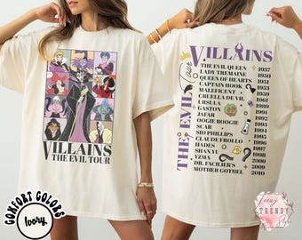 ヴィンテージ 両面ディズニーヴィランズ イービルツアー コンフォートカラーシャツ、ディズニー イービルフレンズ 2025 マッチングシャツ、バッドウィッチ ディズニーシャツ、イービルクイーンTシャツ