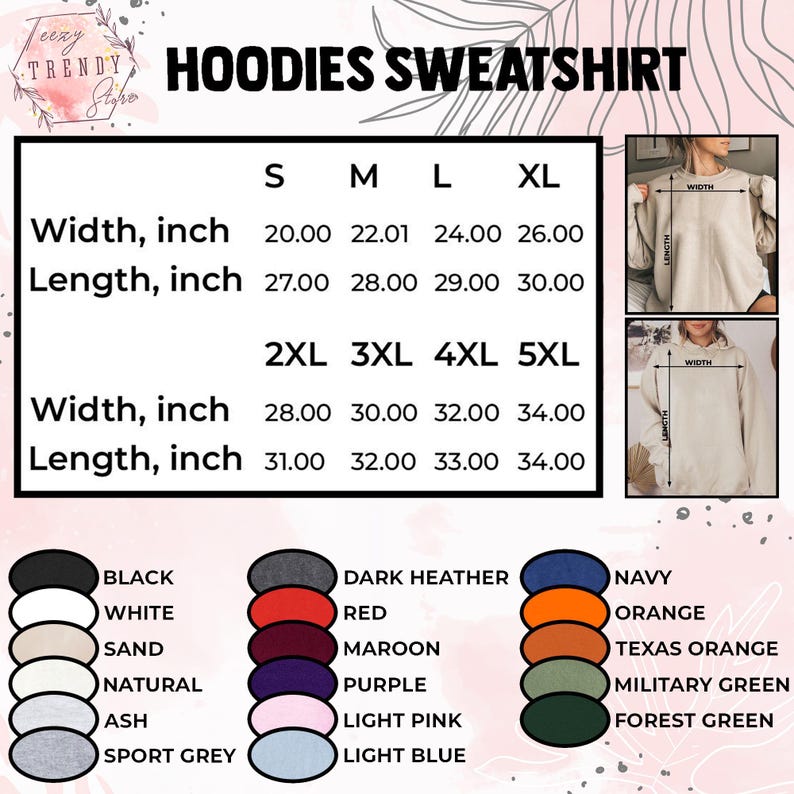 May include: Image of a size chart for hoodies and sweatshirts, with measurements in inches. The chart includes sizes S to 5XL, with width and length dimensions. A color palette shows options like black, white, navy, and orange.