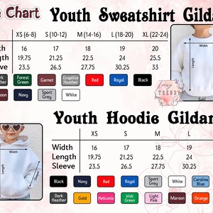 May include: A size chart for youth sweatshirts and hoodies, featuring measurements for width, length, and sleeve length. Color swatches include black, navy, red, and more. The chart is labeled "Youth Sweatshirt Gildan" and "Youth Hoodie Gildan".
