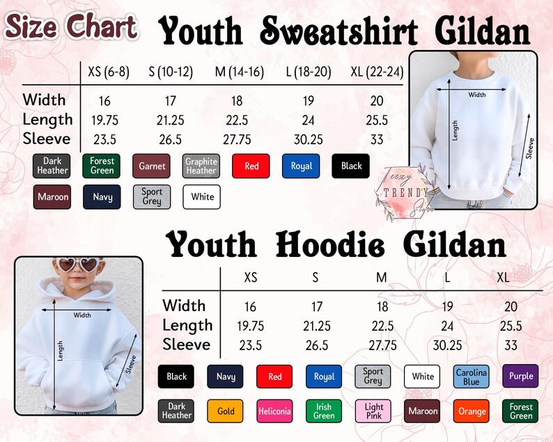May include: A size chart for youth sweatshirts and hoodies, featuring measurements for width, length, and sleeve length. Color swatches include black, navy, red, and more. The chart is labeled "Youth Sweatshirt Gildan" and "Youth Hoodie Gildan".