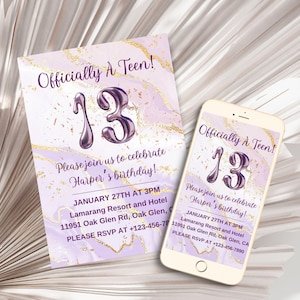 13e verjaardagsuitnodiging, glitterconfetti meisjes, officieel tienerverjaardag, tiener verjaardagsuitnodiging, roze in tienertijdperk dertiende verjaardag
