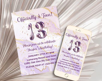 May include: Purple and gold digital invitation for a 13th birthday party. The invitation reads "Officially A Teen!" and includes the text "Please join us to celebrate Harper's birthday!" with the date and time of the party, the location, and a phone number to RSVP.