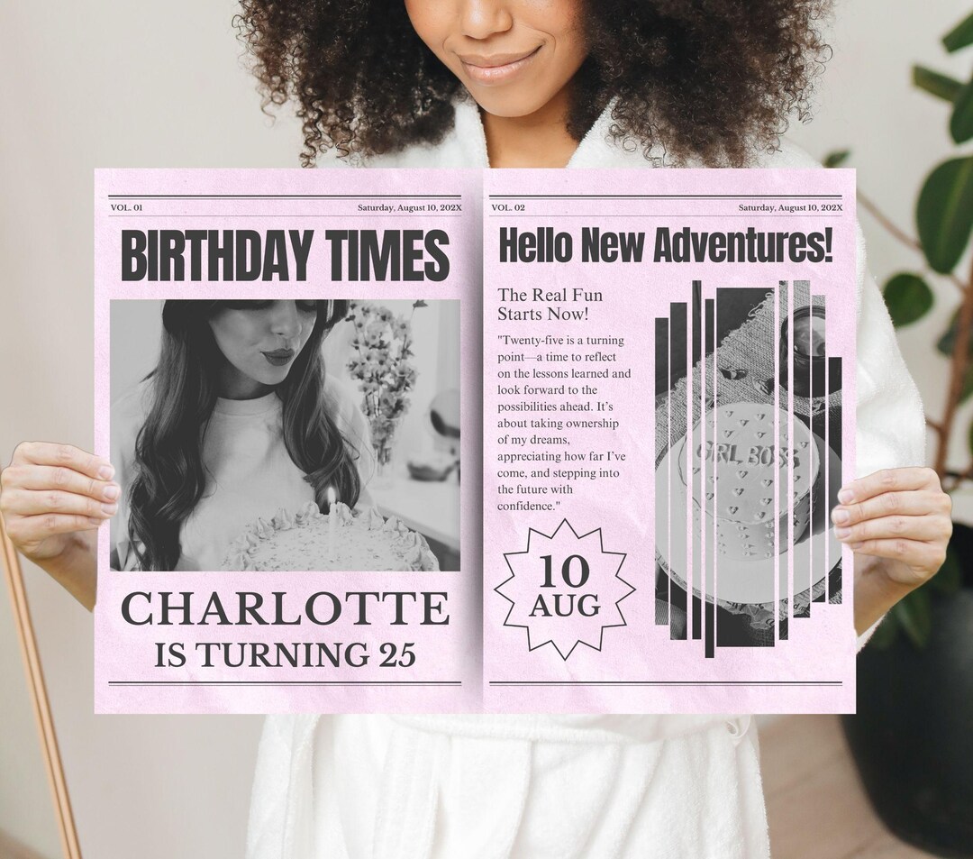 Newspaper Template, Pink Newspaper Birthday, Birthday Newspaper ...