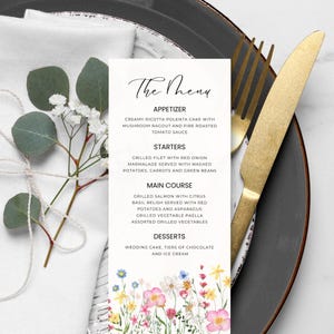 Wedding menu template, Wildflower menu template, Colorful Floral menu, Table Menu Minimalist, Menu Spring Flowers Wedding, Canva Editable