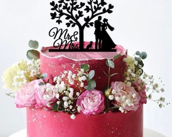 Adorno rústico para pastel con forma de árbol, silueta de pareja bajo un árbol para boda en el bosque, decoración personalizada para pastel con nombre.