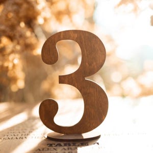 Può includere: Un numero di tavolo in legno con il numero "3" ritagliato. Il numero è marrone e si trova su un pezzo di carta con del testo.