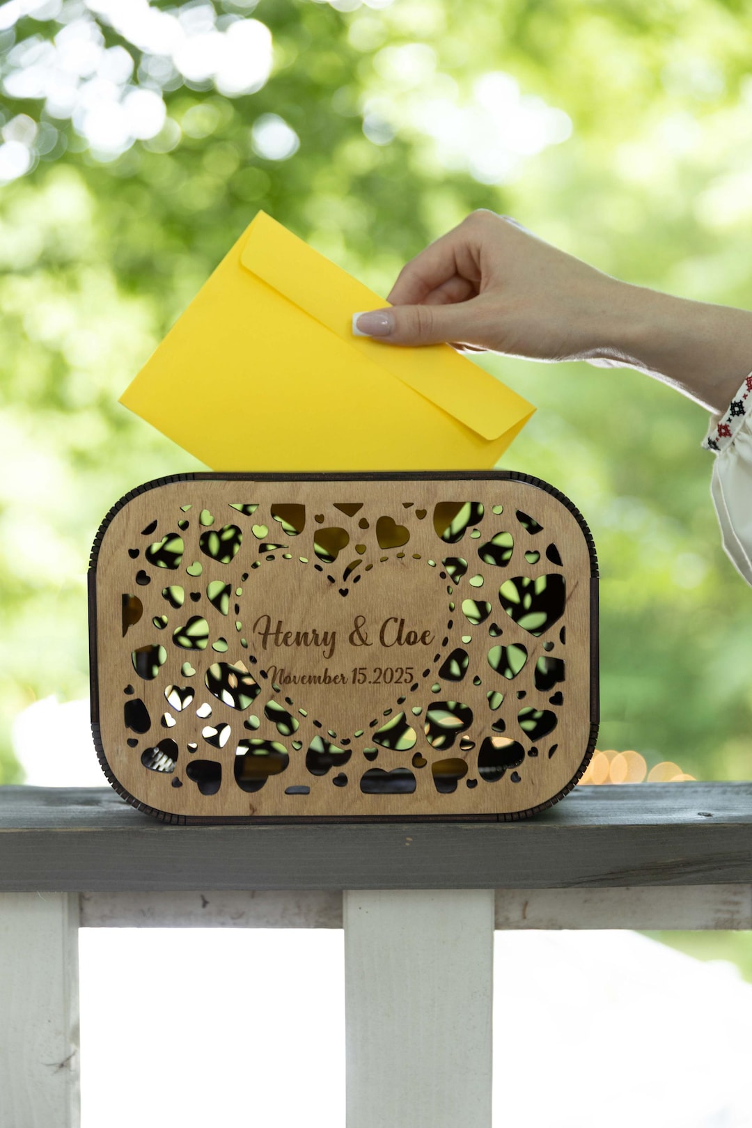 Personalized Wooden Wedding Card Box With Heart Cut-out Design – Custom ...