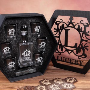 Birthday Gift Whiskey Decanter Set | Bourbon Glasses, Whiskey Stones | Wooden Gift Box | Gift for Him, Groomsman, Anniversary Gift
