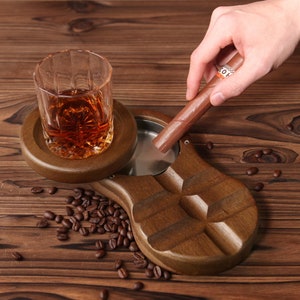 Birthday Personalized Whiskey & Cigar Tray,Custom Walnut Ashtray,Whiskey Glass Holder,2 in 1 Wooden Cigars Ashtray,Groomsmen,Husband Gift