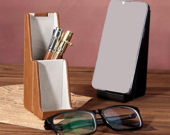 Christmas Custom Leather Glasses Case and Phone Holder in One Personalized Gift for Men Eyeglasses Holder Mobile Stand Groom Gift for Him