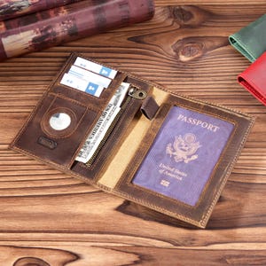 Cartera de cuero con RFID para pasaporte / Regalos de viaje para hombres / Tarjetero plegable personalizado / Funda para pasaporte con cremallera