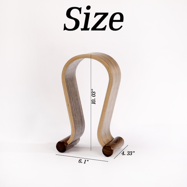 Puede incluir: Soporte para auriculares de madera con un dise&ntilde;o curvo. El soporte mide 25,6 cm de alto, 15,5 cm de ancho y 11 cm de profundidad.