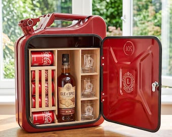 Fathers Day Gift Rack Mini Bar, Jerry Can Style Whiskey & Beer Organizer with Glass Set, Personalized Home Bar Decor