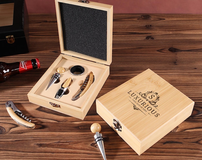 Valentine’s  Gift, Personalized Bamboo Box Wine Stopper Set Wine Opener Set,Groomsmen Gifts, Wine Tool Gift, Housewarming, Birthday Gift