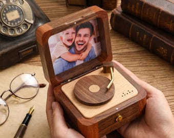 Fathers Day Gift Custom Wooden Music Box,  Personalized Photo Record Player Keepsake, Vintage Memory Box Unique Gift,Gift for Him