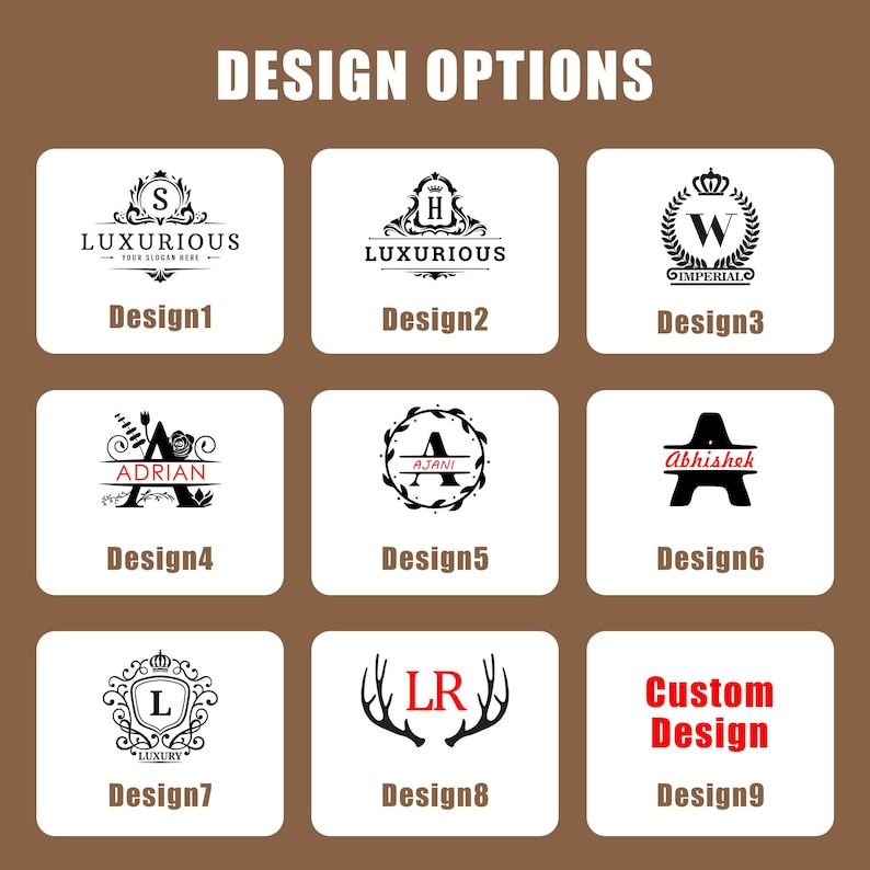 Puede incluir: Nueve opciones de dise&ntilde;o diferentes para un logotipo personalizado. Los dise&ntilde;os presentan diferentes fuentes, estilos y s&iacute;mbolos, incluyendo coronas, astas y elementos florales. El texto "LUXURIOUS", "IMPERIAL", "ADRIAN", "AJANI", "Abhishek" y "LUXURY" est&aacute; incluido en algunos de los dise&ntilde;os.