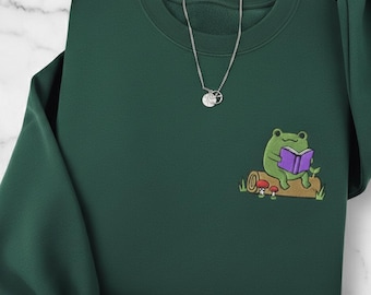 Frog on Log Reading Book Embroidered Sweatshirt, Cottagecore Book Lover Crewneck, Cozy Forest Frog Shirt, Gift for Readers, Women Sweatshirt