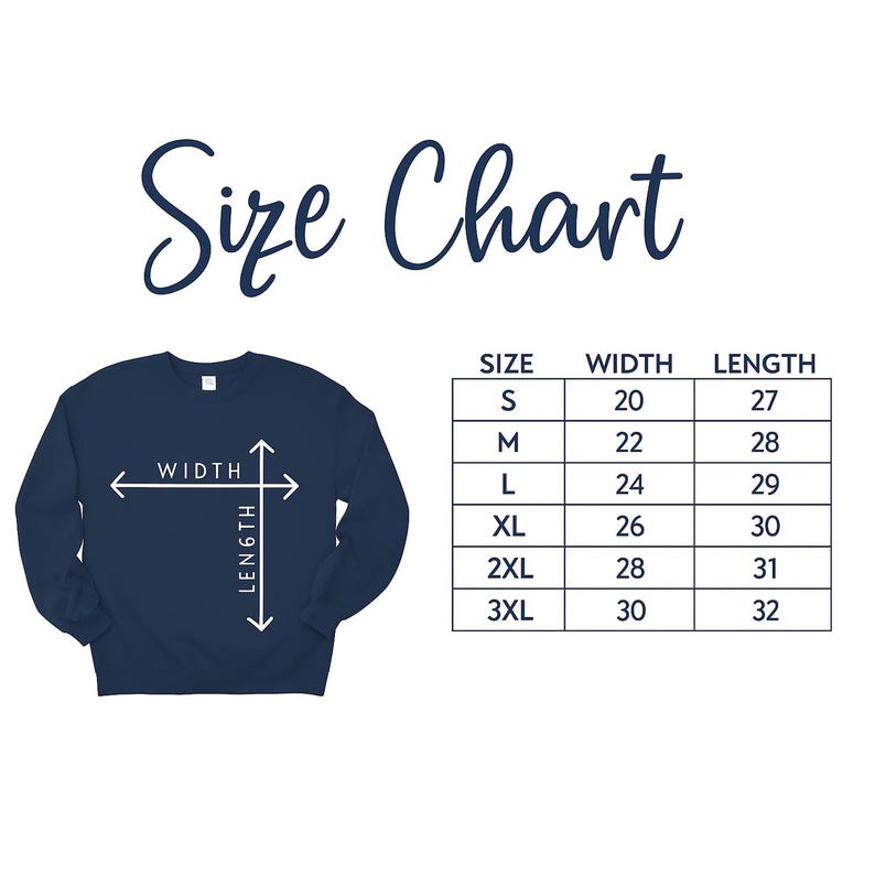 Puede incluir: Sudadera azul marino con una tabla de tallas. La tabla muestra medidas para las tallas S a 3XL, con anchos que van de 50,8 a 76,2 cm y largos de 68,6 a 81,3 cm. El texto "Size Chart" est&aacute; en una fuente cursiva.