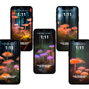 Sfondi per iPhone 15 design, Foresta di funghi luminosi magici ed eterei, Fungo Shambhala, Aurora boreale, Crescita personale psichedelica