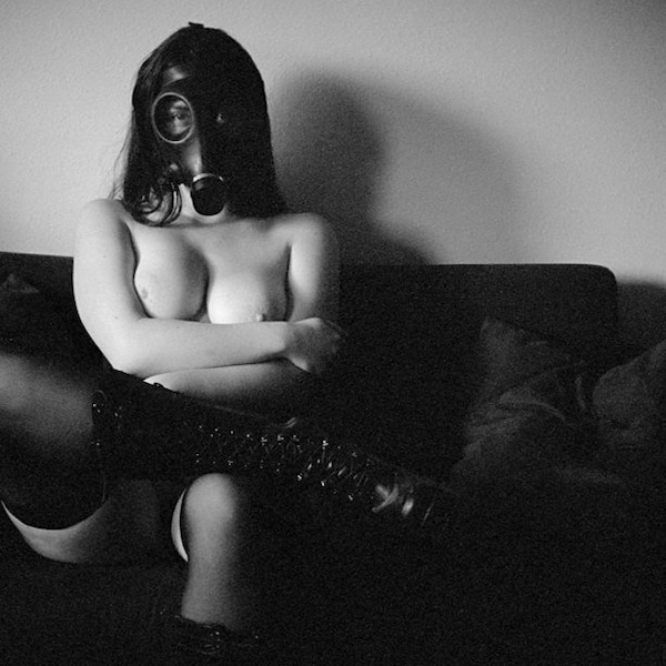 Naked art fetish woman gas mask and leather boots black and white film photography photo print wall art MATURE - Gritty in 120 - 6x4.5 - 08