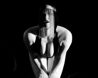 Fine art print Black and white wall art High contrast Artistic nude of a woman in a chain mask boots and vest MATURE - The Chain Queen - 02