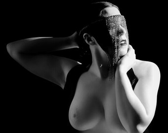 Dramatic photo print of a woman with a chain mask High contrast black and white Artistic nude home decor MATURE - The Chain Queen - 11