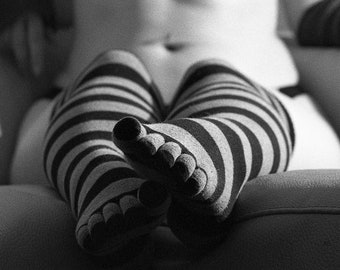 Fine art film photo print MATURE Black & white home decor Topless woman in striped toe socks Artistic nude - Strange in Stripes - 04