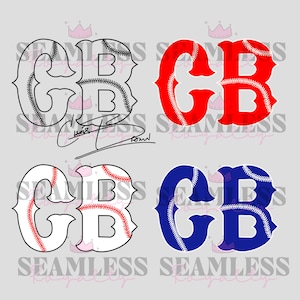 Könnte beinhalten: Vier Baseball-Designs mit den Buchstaben "GB". Ein Design ist schwarz-weiß mit einer Unterschrift, ein anderes ist rot, ein drittes ist weiß und rot, und das letzte ist blau. Die Buchstaben sind so gestaltet, dass sie Baseballnähten ähneln.