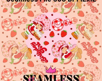 Puede incluir: Patrón repetitivo con un personaje de dibujos animados con un atuendo de fresa sosteniendo un pastel. El diseño incluye fresas, la palabra "One" y el texto "Birthday You". También están presentes las palabras "Seamless File 300 DPI 12x12".