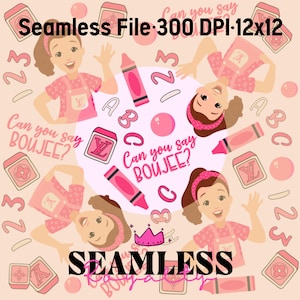 Może przedstawiać: Wzór bez szwów w kolorze różowym i białym z kreskówkową dziewczynką, literami, cyframi i koroną. Tekst "Can you say BOUJEE?" powtarza się w całym wzorze.