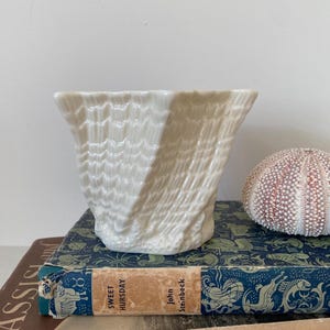May include: White ceramic vase with a textured, ribbed design. The vase is shaped like a seashell and has a wide opening.