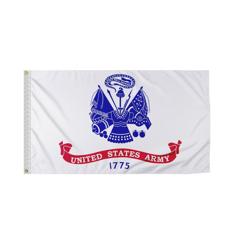 May include: White flag featuring the United States Army emblem in blue and red. The emblem includes a central shield, crossed weapons, and the text "UNITED STATES ARMY 1775" on a red banner. The flag has grommets for hanging.