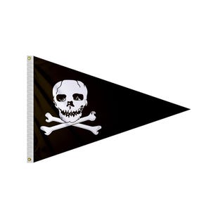May include: Black triangular flag featuring a white skull and crossbones design. The skull has detailed features, and the bones are positioned beneath it. The flag has a white reinforced edge with grommets for hanging. A pirate-themed item.